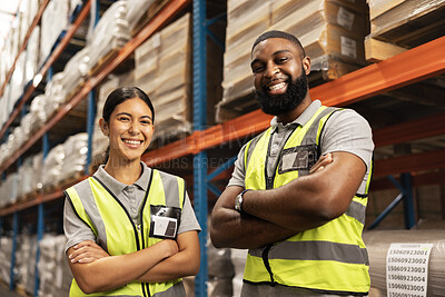 Happy people, portrait and logistics with confidence in warehouse for supply chain or storage management. Man, woman or team of employees with smile and arms crossed in shipping industry at depot