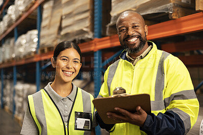 Happy people, portrait and warehouse with clipboard for inventory inspection, checklist or storage management. Man, woman or team with smile in stock check, distribution or shipping industry at depot