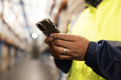 Man, hands and typing with phone in warehouse for communication, networking or social media. Closeup of male person or employee on mobile smartphone in logistics or supply chain for online chatting