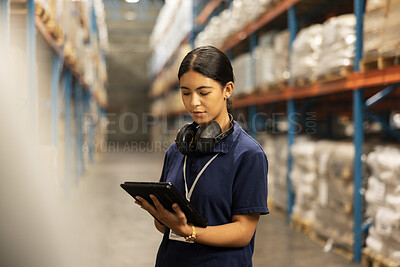 Logistics, warehouse and woman with tablet for planning, inventory check and ecommerce distribution. Female person, digital and technology in storehouse for stock, control and inspection for shipping