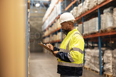 Clipboard, logistics and man with stock in warehouse reading for ecommerce delivery information. Shipping, checklist and African industry worker with inventory for package, parcel or boxes in factory