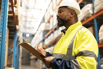 Clipboard, shipping and man with stock in warehouse reading for ecommerce delivery information. Logistics, checklist and African industry worker with inventory for package, parcel or boxes in factory