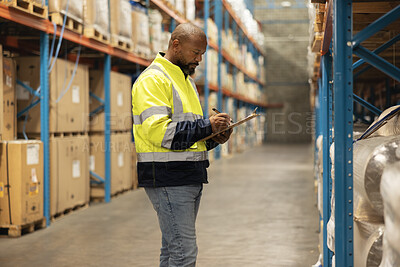 Warehouse, black man and clipboard for inventory, writing and inspection with info and checklist. African person, employee or worker with documents or quality assurance with shipping, stock or import