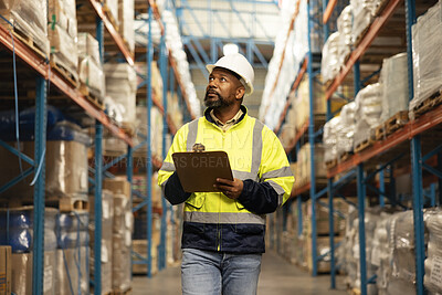 Warehouse, black man or clipboard for stock, writing or inspection with import or checklist. African person, employee or worker with document or quality assurance with shipping, inventory or industry