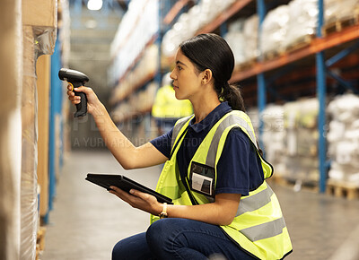 Scanner, tablet and woman in warehouse checking stock for distribution, inspection or delivery. Ecommerce, logistics and girl with digital barcode reader for package inventory, order and supply chain