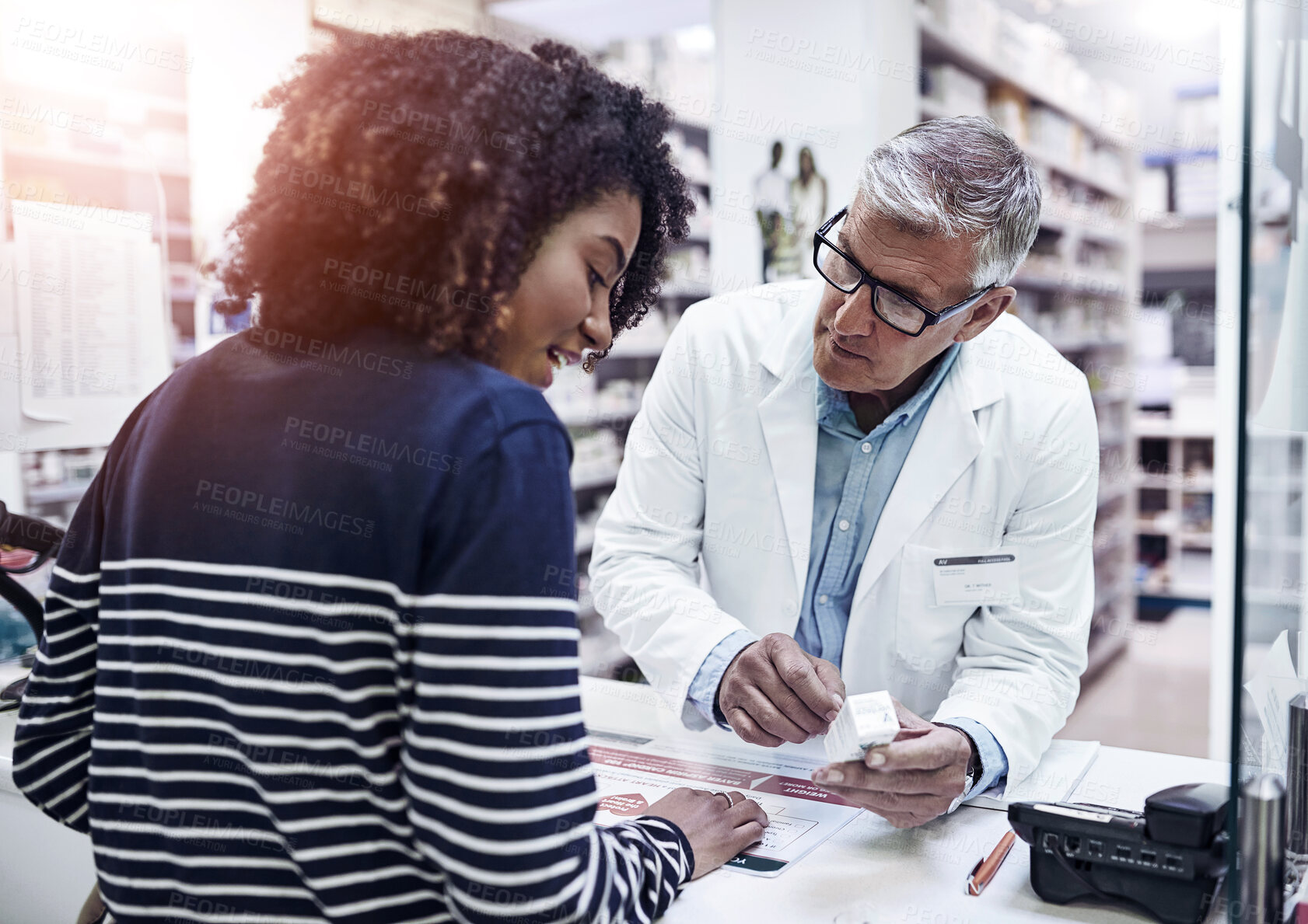 Buy stock photo Black woman shopping, medicine or senior pharmacist in pharmacy for retail healthcare pills or advice. Trust, product or mature doctor helping a customer with prescription medication or medical drugs