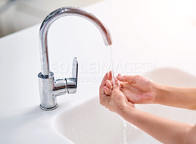 Buy stock photo Tap, water and woman cleaning hands for skincare, beauty and safety of bacteria, virus and healthy dermatology at home. Closeup of person washing palm of hand at basin in bathroom for hygiene routine