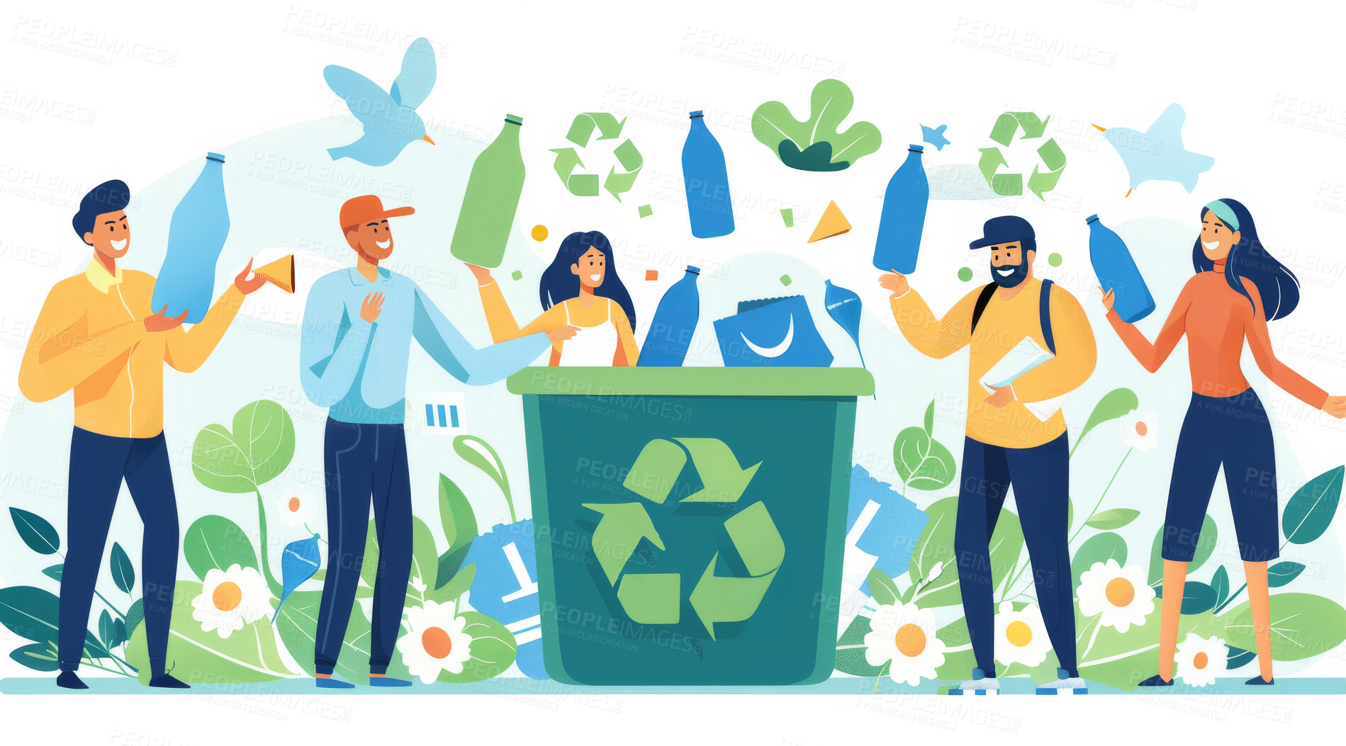 Buy stock photo Illustration, recycle and volunteer throwing bottle in dustbin for environmental, awareness and sustainability concept. Plastic and park background with copyspace for Earth Day, eco system or ecology