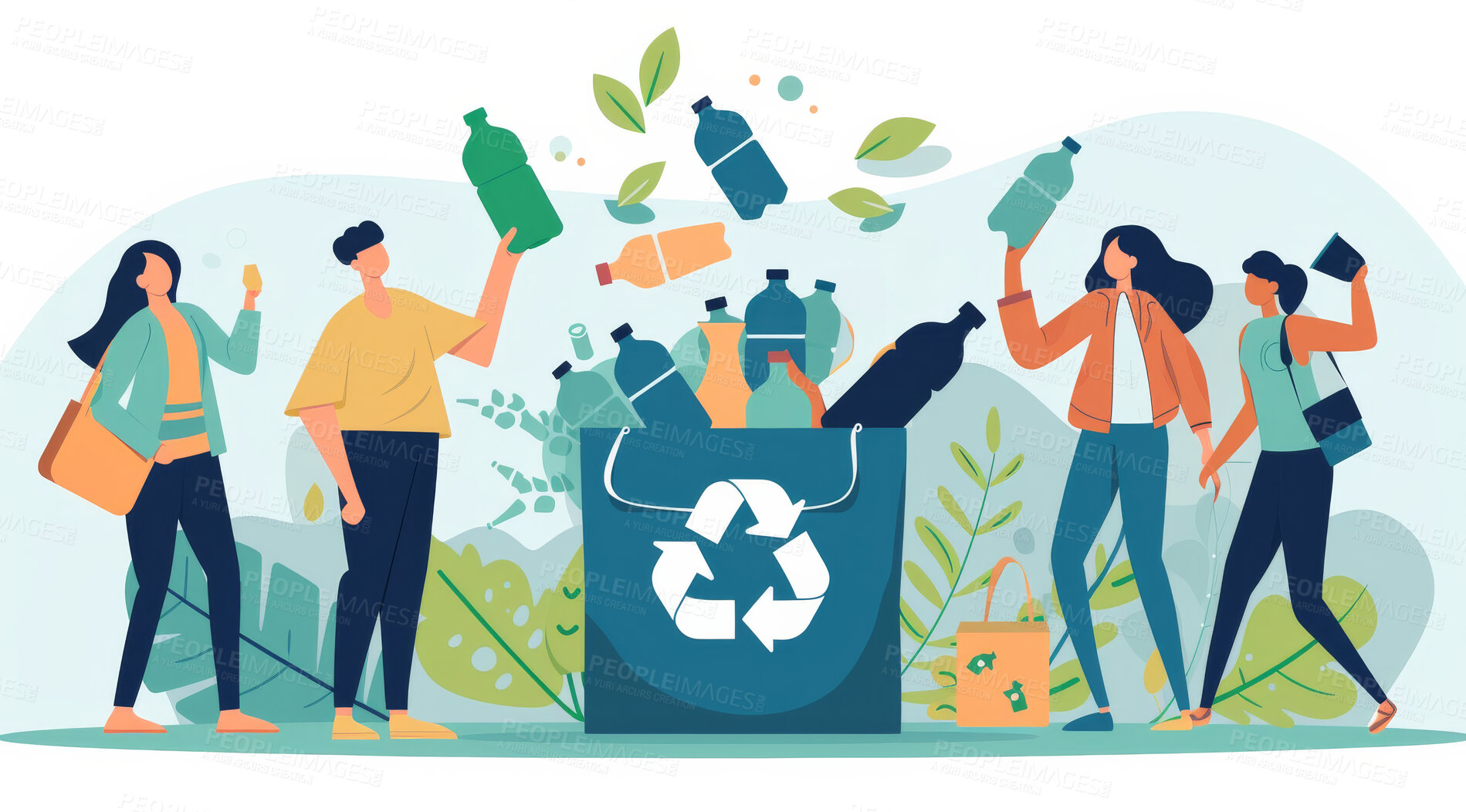 Buy stock photo Illustration, recycle and volunteer throwing bottle in dustbin for environmental, awareness and sustainability concept. Plastic and park background with copyspace for Earth Day, eco system or ecology