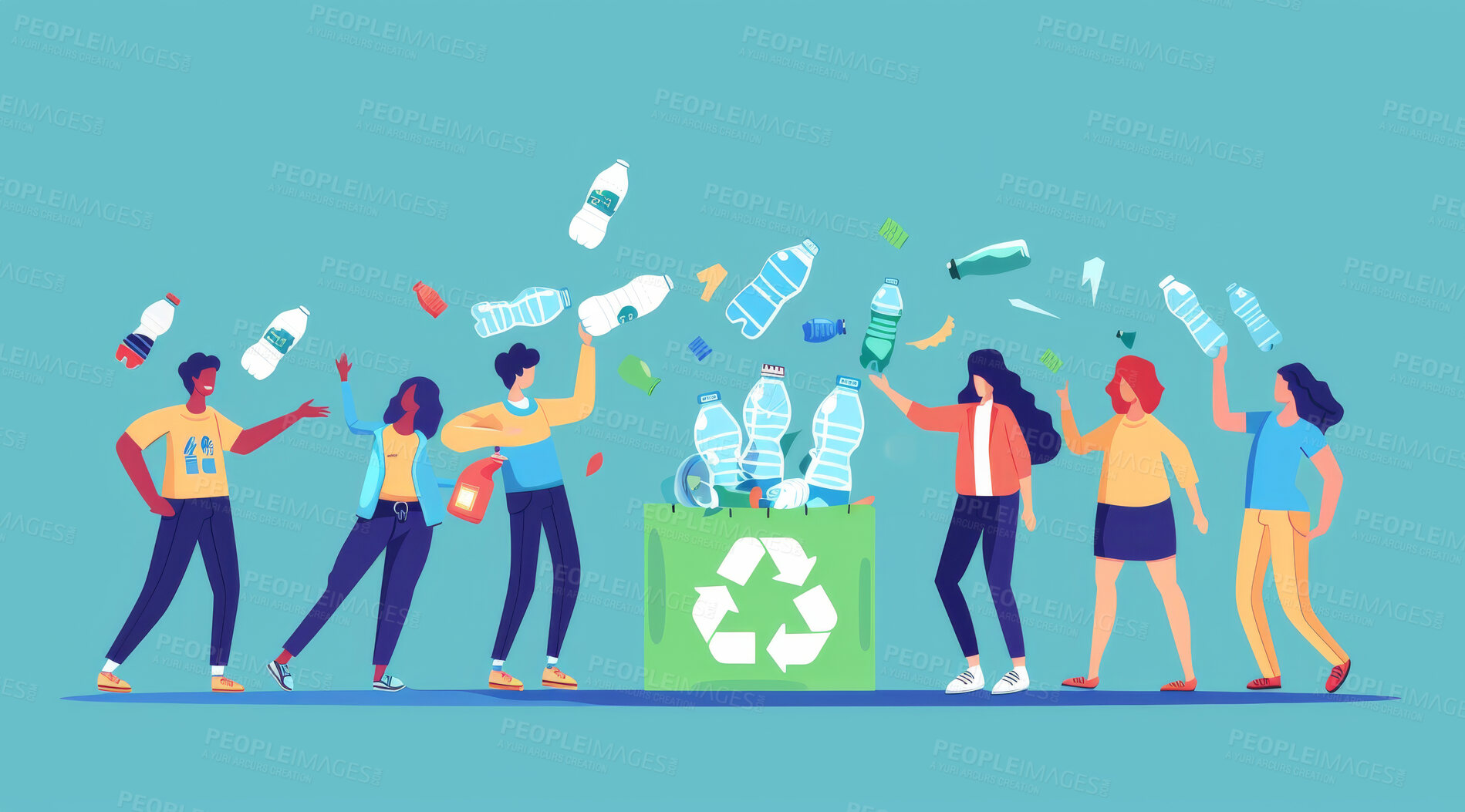 Buy stock photo Illustration, recycle and volunteer throwing bottle in dustbin for environmental, awareness and sustainability concept. Plastic and blue background with copyspace for Earth Day, eco system or ecology