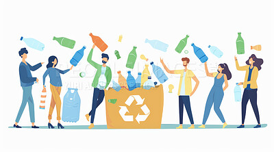 Illustration, recycle and volunteer throwing bottle in dustbin for environmental, awareness and sustainability concept. Plastic and white background with copyspace for Earth Day, eco system or ecology