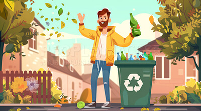 Illustration, recycle and volunteer throwing bottle in dustbin for environmental, awareness and sustainability concept. Plastic and park background with copyspace for Earth Day, eco system or ecology