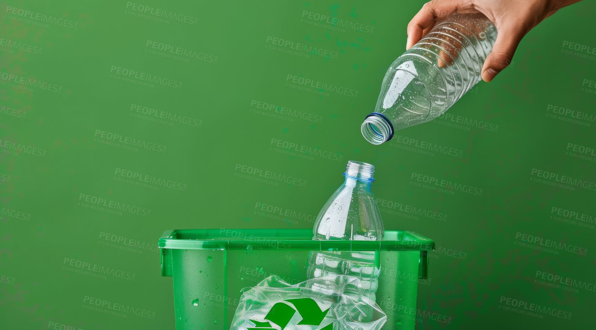 Buy stock photo Hand, recycle and volunteer throwing bottle in dustbin for environmental, awareness and sustainability concept. Plastic and green background with copyspace for Earth Day, eco system or ecology
