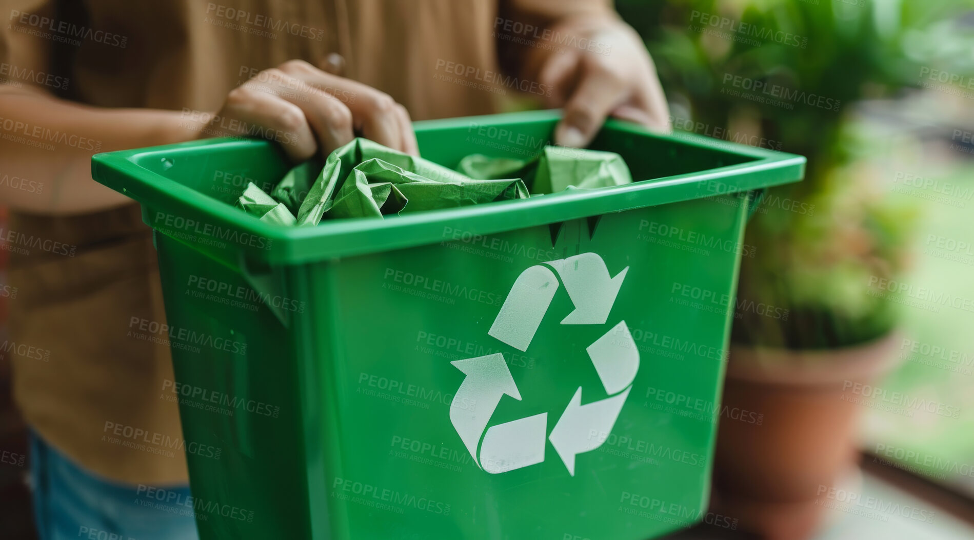 Buy stock photo Hand, recycle and volunteer holding a dustbin for environmental, awareness and sustainability concept. Protest, plastic and green design with copyspace for Earth Day background, eco system or ecology