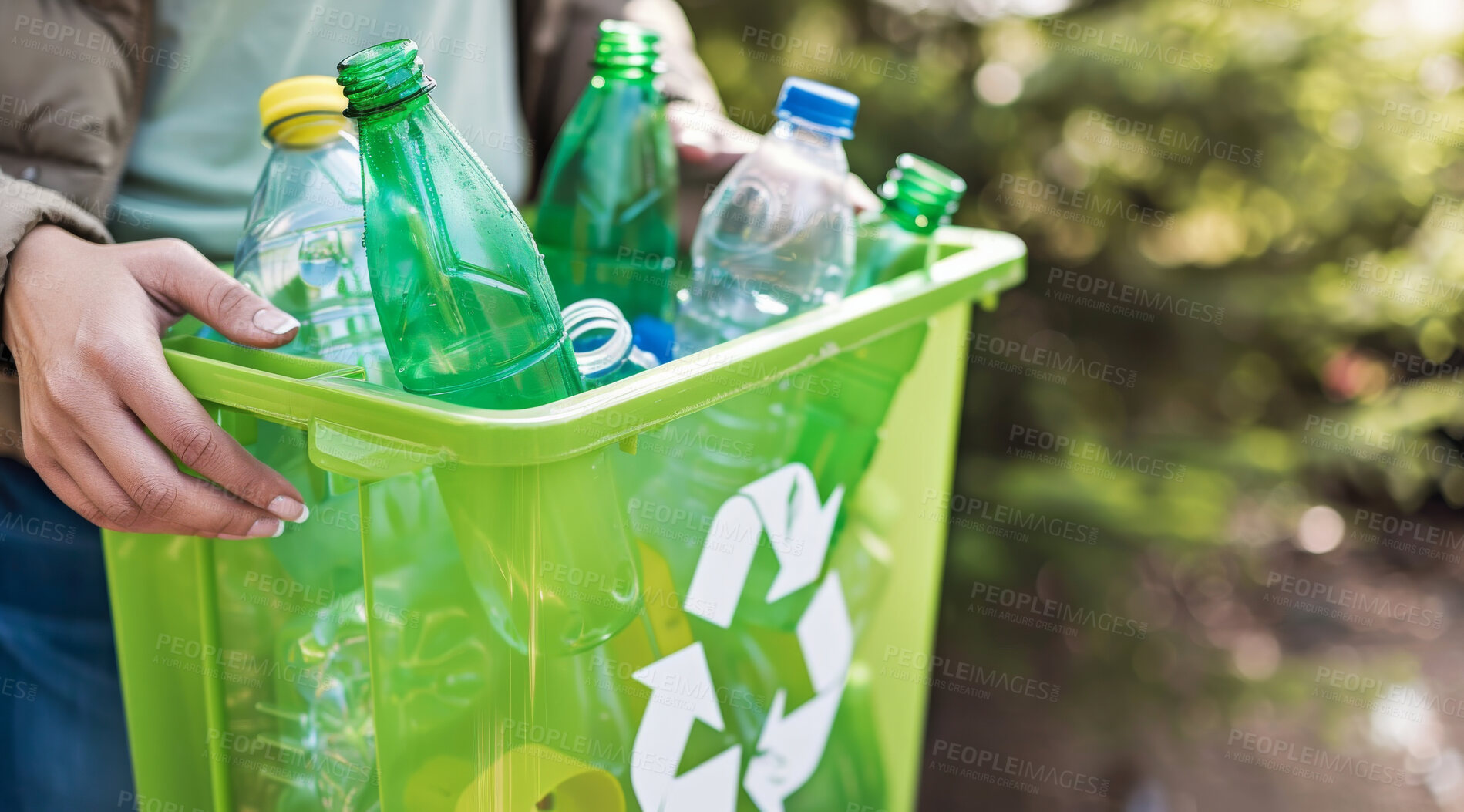 Buy stock photo Hand, recycle and volunteer holding a dustbin for environmental, awareness and sustainability concept. Protest, plastic and green design with copyspace for Earth Day background, eco system or ecology