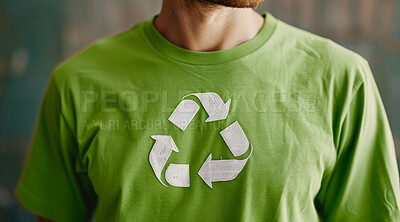 Recycle, eco friendly and person with tshirt for environmental, awareness and sustainability concept. Green, mockup and white print symbol with copyspace for Earth Day, eco system and ecology logo