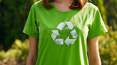 Buy stock photo Recycle, eco friendly and person with tshirt for environmental, awareness and sustainability concept. Green, mockup and white print symbol with copyspace for Earth Day, eco system and ecology logo