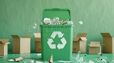 Trash, dumpster and recycle sign background mockup for environmental, awareness and sustainability concept. Green backdrop, mockup and symbol with copyspace for Earth Day, eco system or ecology logo