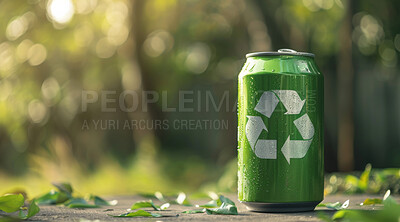 Recycle, sign and eco friendly can on the ground for environmental, awareness and sustainability concept. Green, recycling and aluminium with copyspace for Earth Day, eco system or ecology logo