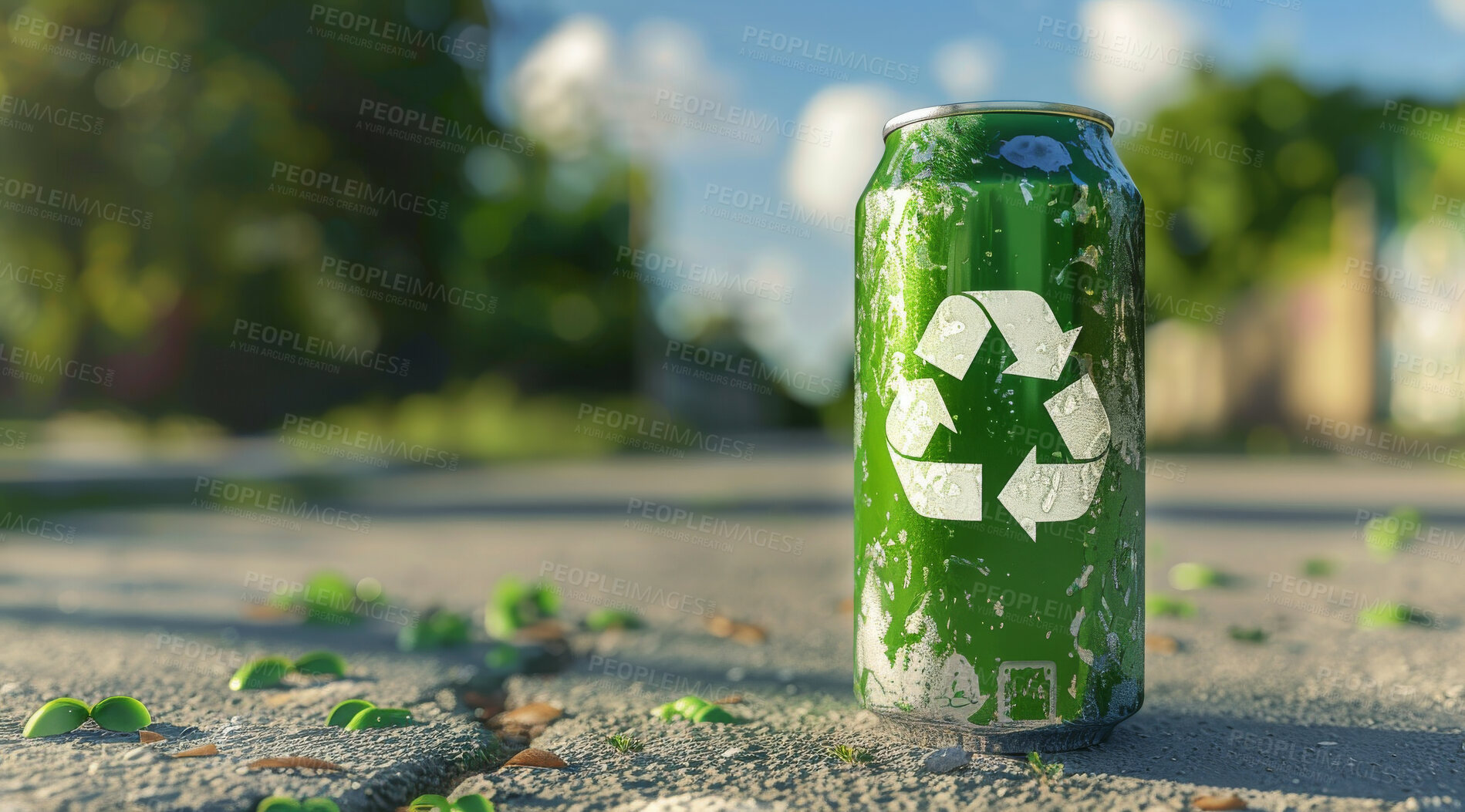 Buy stock photo Recycle, sign and eco friendly can on the ground for environmental, awareness and sustainability concept. Green, recycling and aluminium with copyspace for Earth Day, eco system or ecology logo