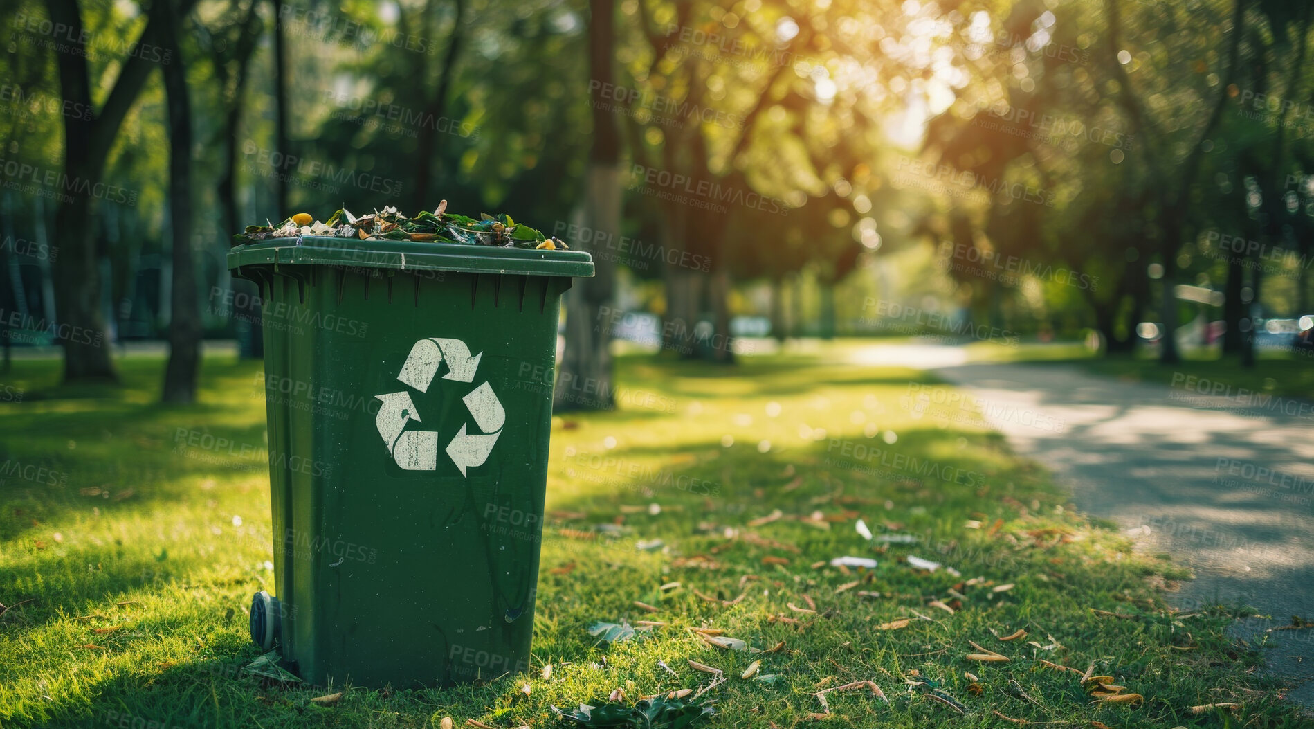 Buy stock photo Trash, dumpster and clean nature background mockup for environmental, awareness and sustainability concept. Green grass, mockup and symbol with copyspace for Earth Day, eco system or ecology logo