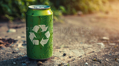 Buy stock photo Recycle, sign and eco friendly can on the ground for environmental, awareness and sustainability concept. Green, recycling and aluminium with copyspace for Earth Day, eco system or ecology logo