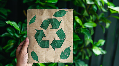 Hand, recycle and volunteer holding a poster for environmental, awareness and sustainability concept. Protest, board and green design with copyspace for Earth Day background, eco system or ecology