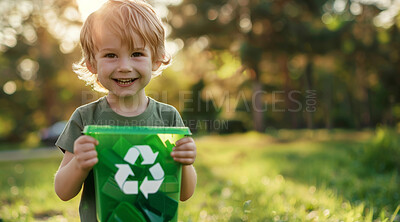 Toddler, recycle and volunteer cleaning the park for environmental, awareness and sustainability concept. Happy, smile and joyful child with copyspace for Earth Day background, eco system or ecology