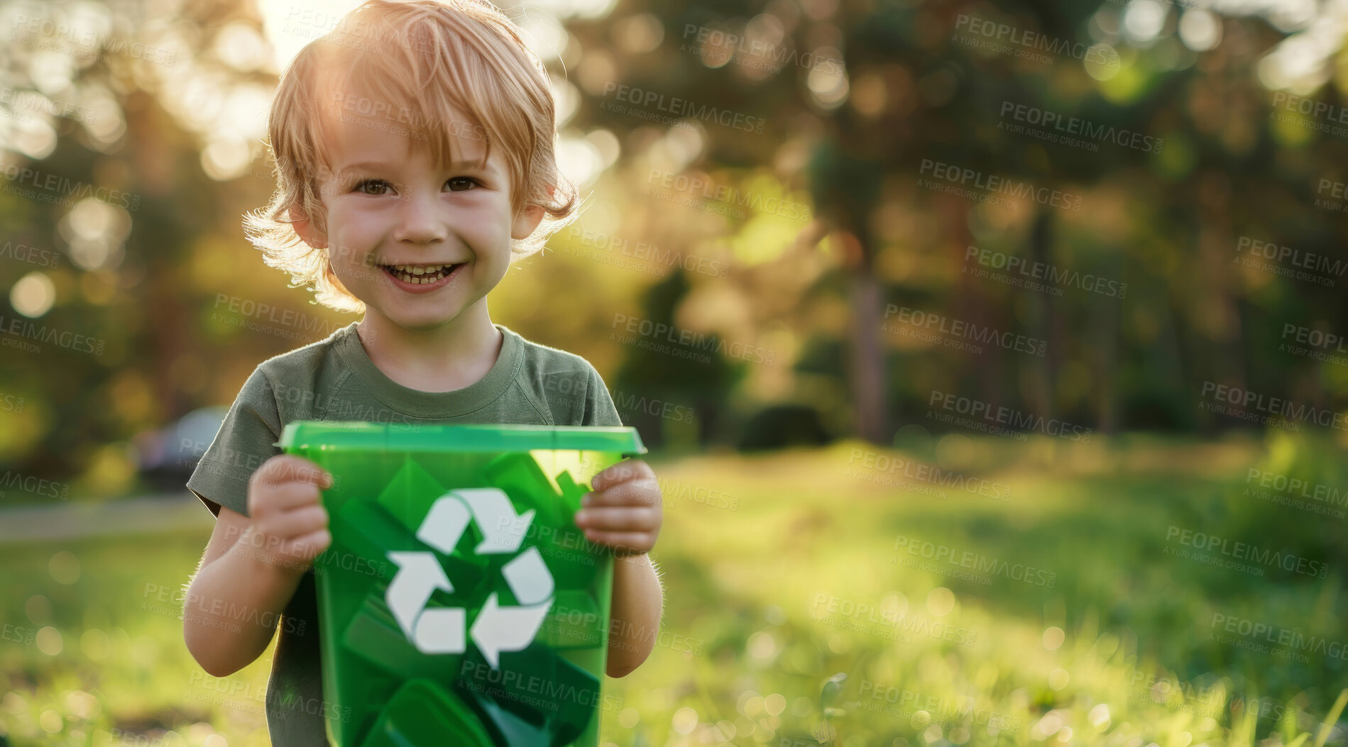 Buy stock photo Toddler, recycle and volunteer cleaning the park for environmental, awareness and sustainability concept. Happy, smile and joyful child with copyspace for Earth Day background, eco system or ecology