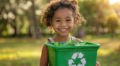 Toddler, recycle and volunteer cleaning the park for environmental, awareness and sustainability concept. Happy, smile and African child with copyspace for Earth Day background, eco system or ecology