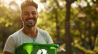 Man, recycle and volunteer cleaning the park for environmental, awareness and sustainability concept. Happy, smile and African male with copyspace for Earth Day background, eco system or ecology