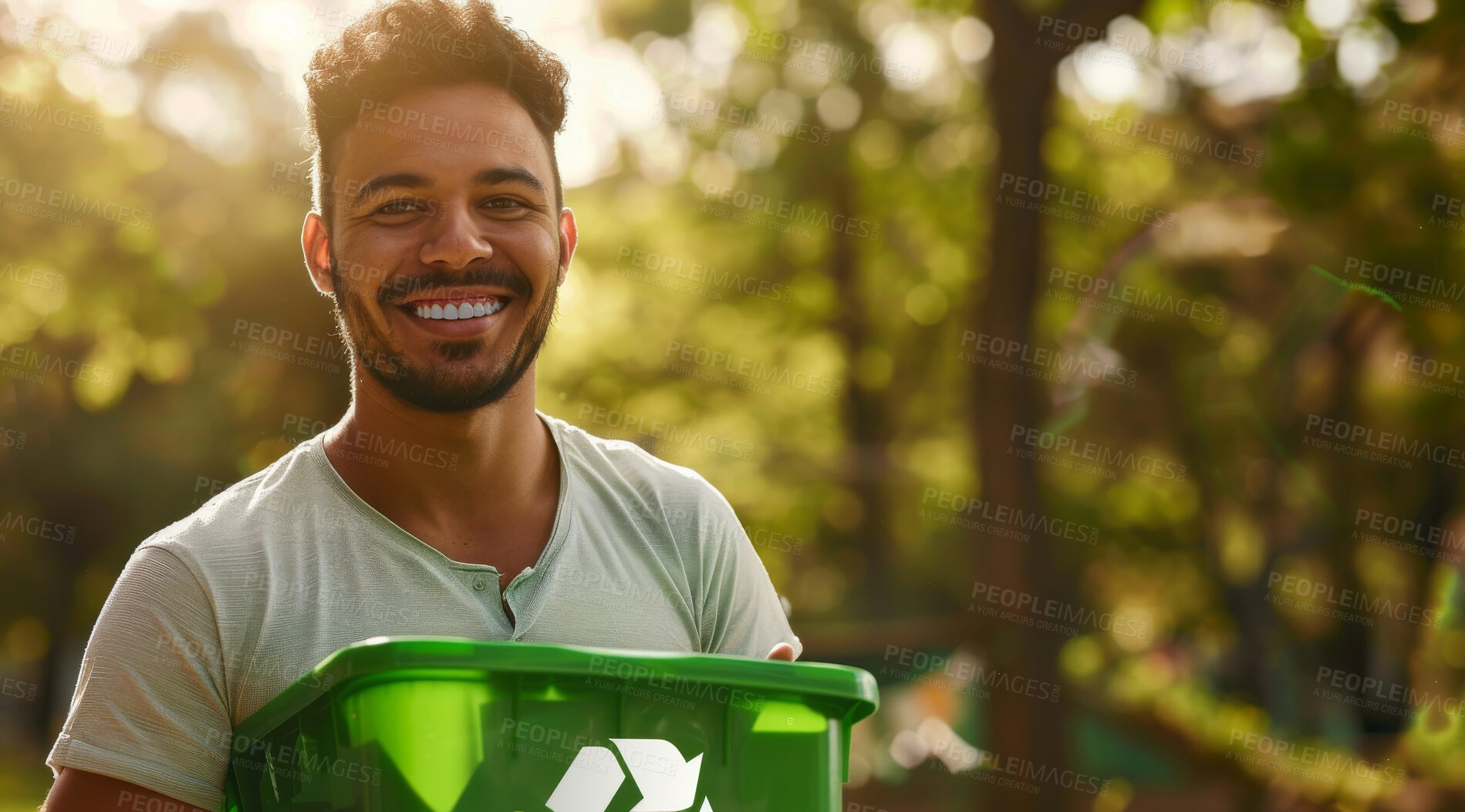 Buy stock photo Man, recycle and volunteer cleaning the park for environmental, awareness and sustainability concept. Happy, smile and African male with copyspace for Earth Day background, eco system or ecology