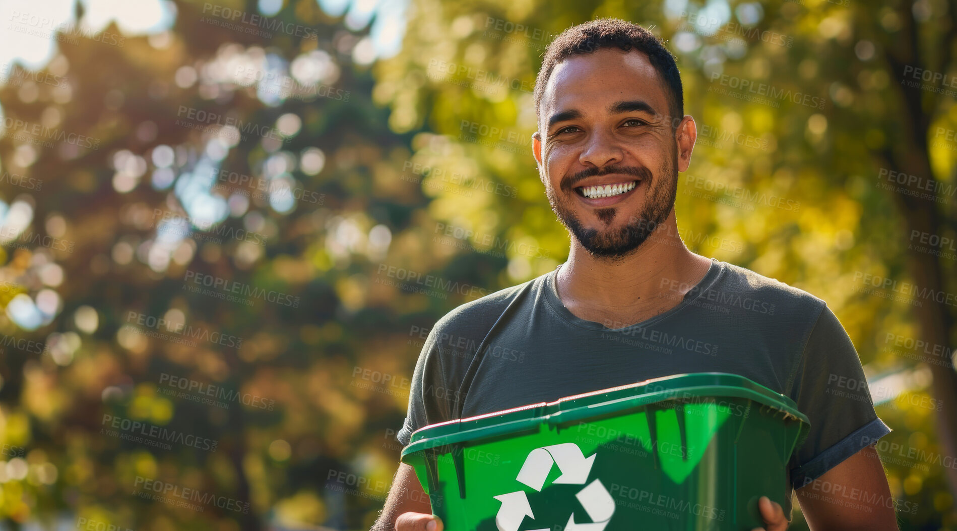 Buy stock photo Man, recycle and volunteer cleaning the park for environmental, awareness and sustainability concept. Happy, smile and African male with copyspace for Earth Day background, eco system or ecology
