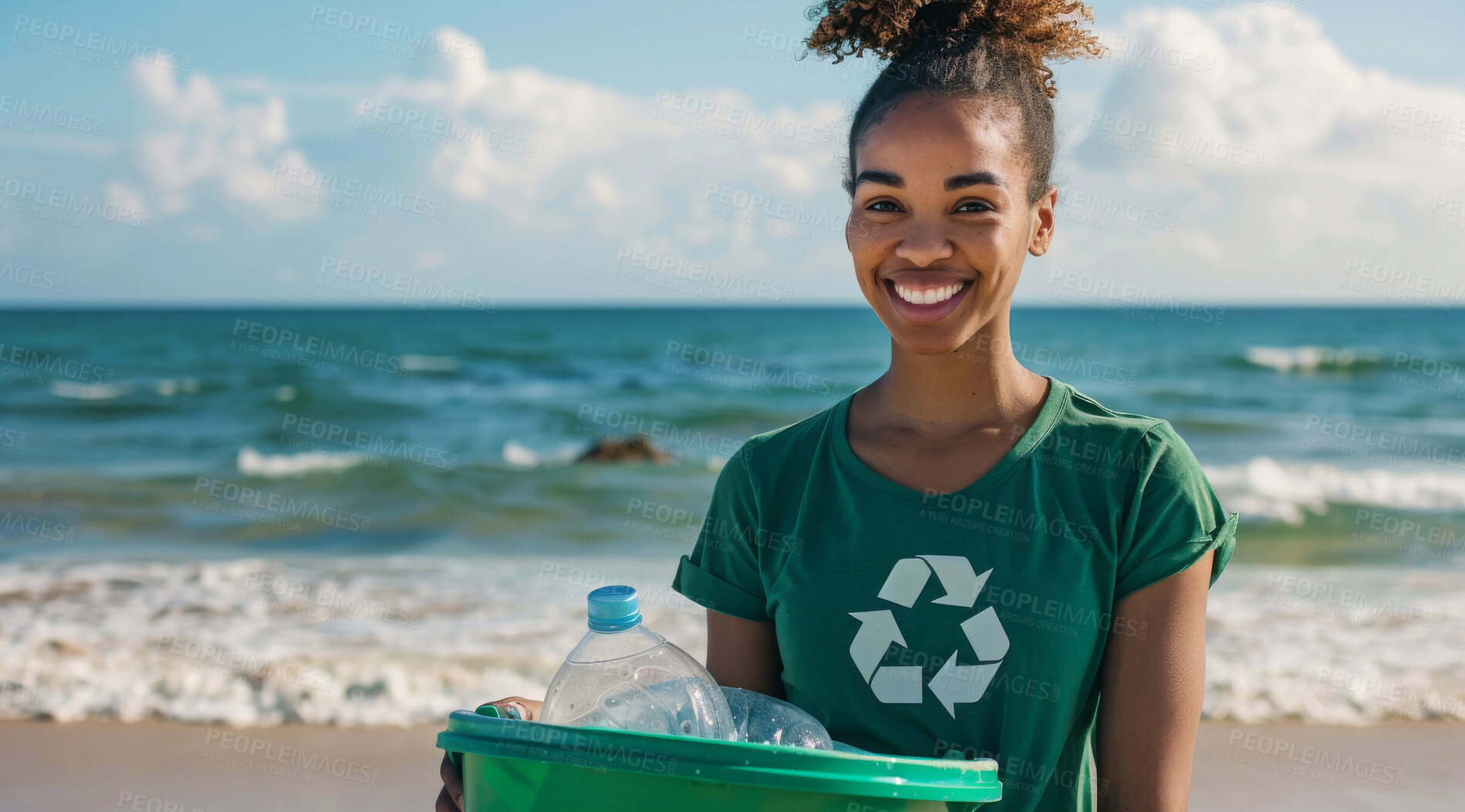 Buy stock photo Woman, recycle and volunteer cleaning the beach for environmental, awareness and sustainability concept. Happy, smile and African female with copyspace for Earth Day background, eco system or ecology