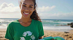 Woman, recycle and volunteer cleaning the beach for environmental, awareness and sustainability concept. Happy, smile and African female with copyspace for Earth Day background, eco system or ecology