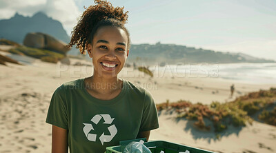 Woman, recycle and volunteer cleaning the beach for environmental, awareness and sustainability concept. Happy, smile and African female with copyspace for Earth Day background, eco system or ecology