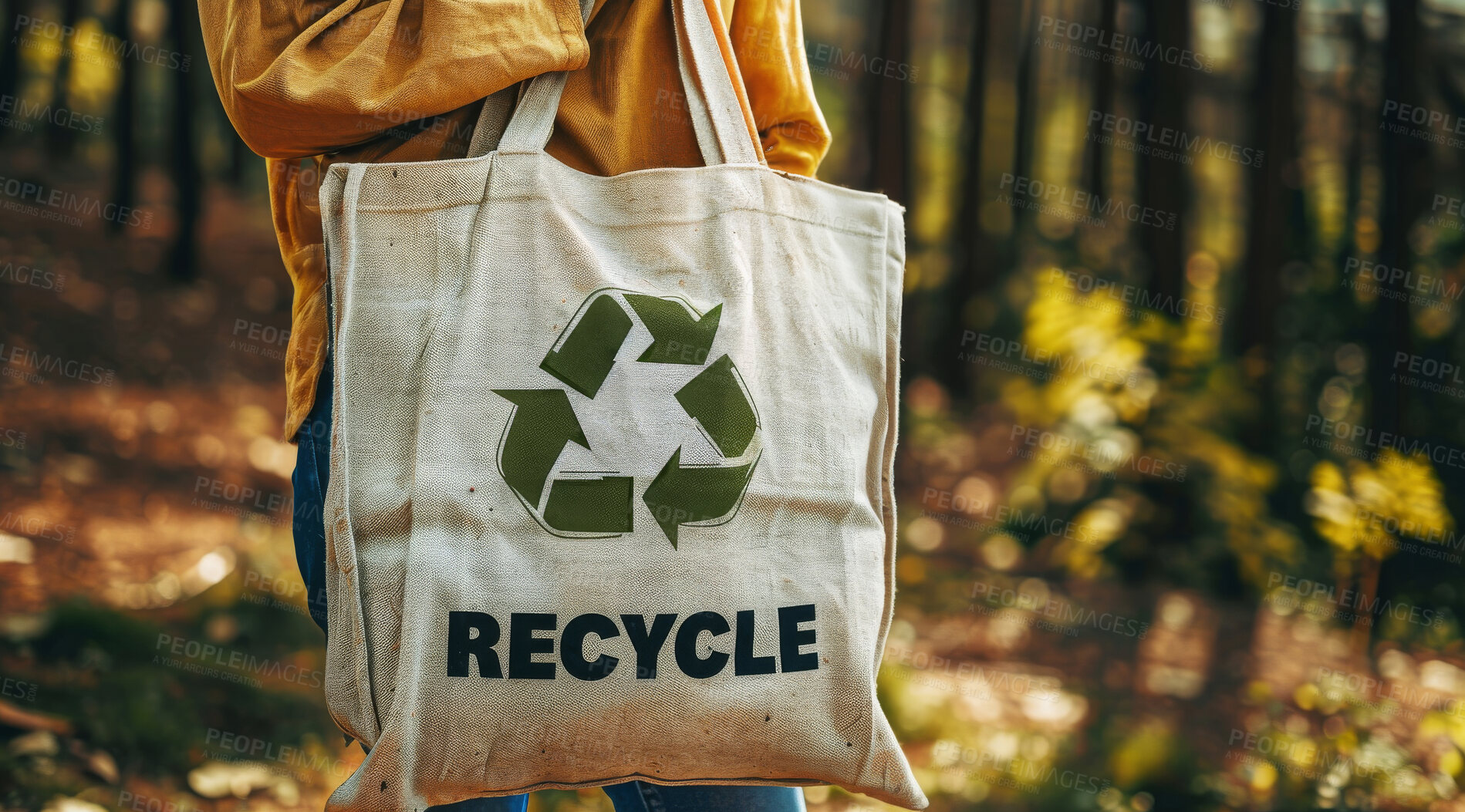 Buy stock photo Person, recycle and bag made of hemp material for environmental, awareness and sustainability concept. Garbage, mockup and symbol with copyspace for Earth Day background, eco system or ecology logo