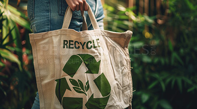 Person, recycle and bag made of hemp material for environmental, awareness and sustainability concept. Garbage, mockup and symbol with copyspace for Earth Day background, eco system or ecology logo