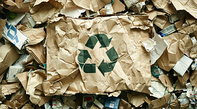 Recycle, cardboard and trash pile background for environmental, awareness and sustainability concept. Garbage, mockup and symbol with copyspace for Earth Day background , eco system or ecology logo