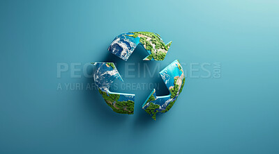 Recycle, sign and nature background or wallpaper for environmental, awareness and sustainability concept. Blue, mockup and symbol on a studio backdrop for Earth Day, eco system and ecology logo