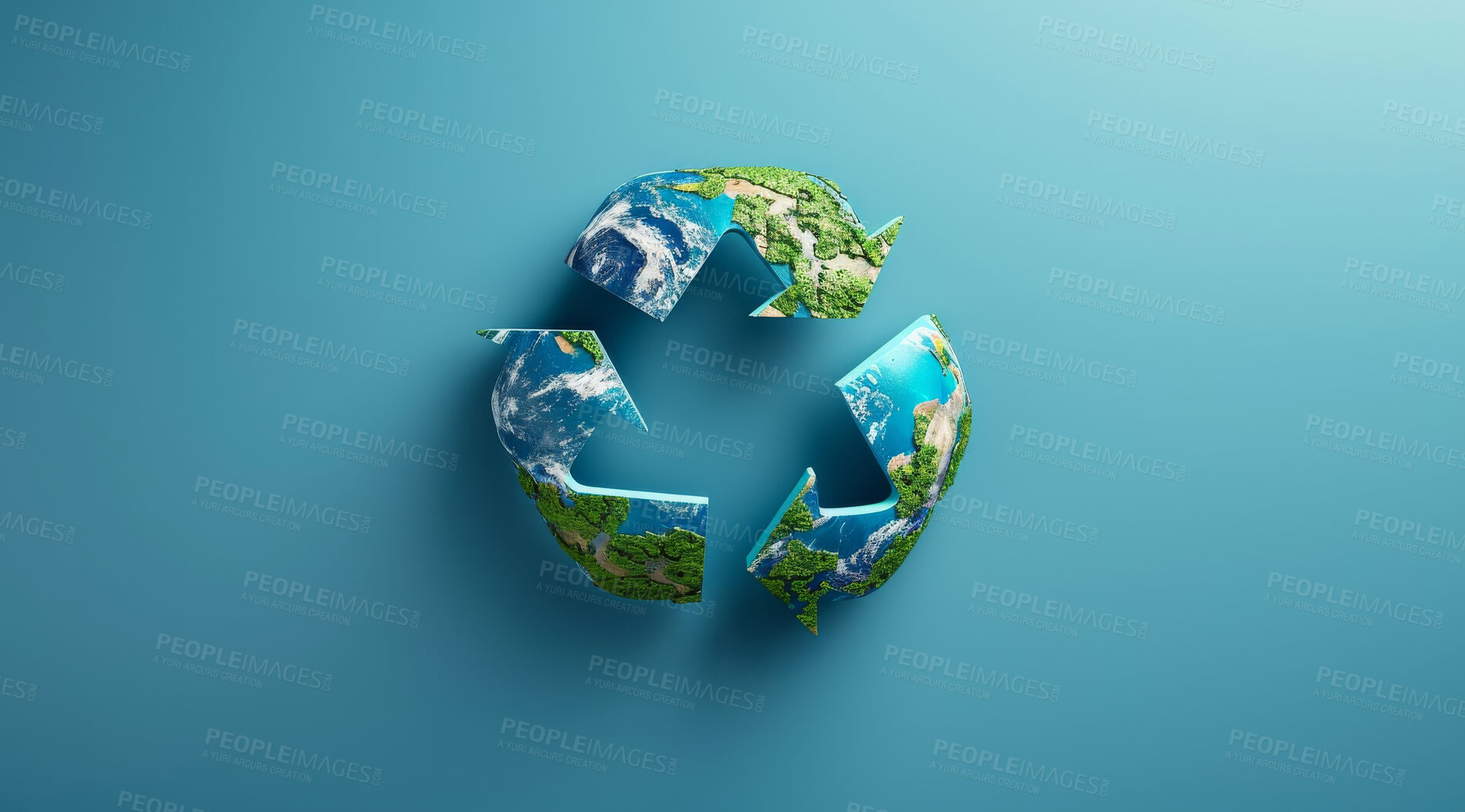 Buy stock photo Recycle, sign and nature background or wallpaper for environmental, awareness and sustainability concept. Blue, mockup and symbol on a studio backdrop for Earth Day, eco system and ecology logo
