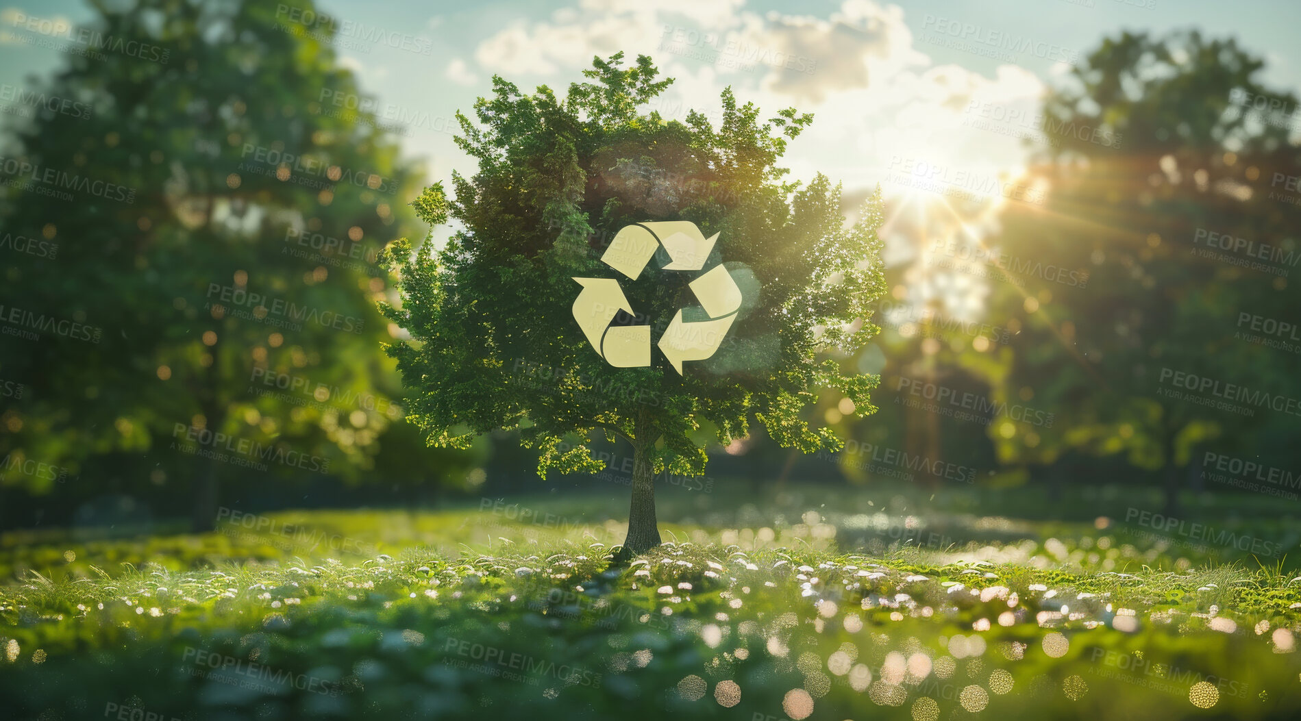 Buy stock photo Recycle, sign and tree in a park on nature background for environmental, awareness and sustainability concept. Green grass, mockup and symbol with copyspace for Earth Day, eco system or ecology logo