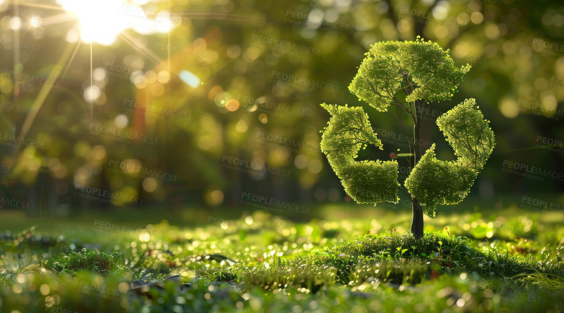 Buy stock photo Recycle, sign and tree in a park on nature background for environmental, awareness and sustainability concept. Green grass, mockup and symbol with copyspace for Earth Day, eco system or ecology logo