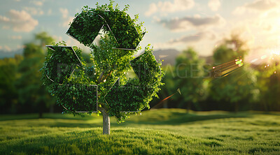 Recycle, sign and tree in a park on nature background for environmental, awareness and sustainability concept. Green grass, mockup and symbol with copyspace for Earth Day, eco system or ecology logo