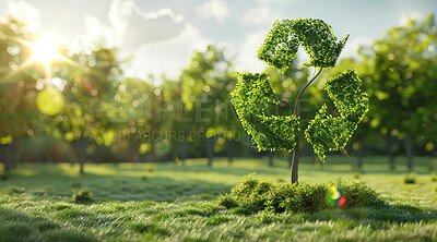 Recycle, sign and tree in a park on nature background for environmental, awareness and sustainability concept. Green grass, mockup and symbol with copyspace for Earth Day, eco system or ecology logo