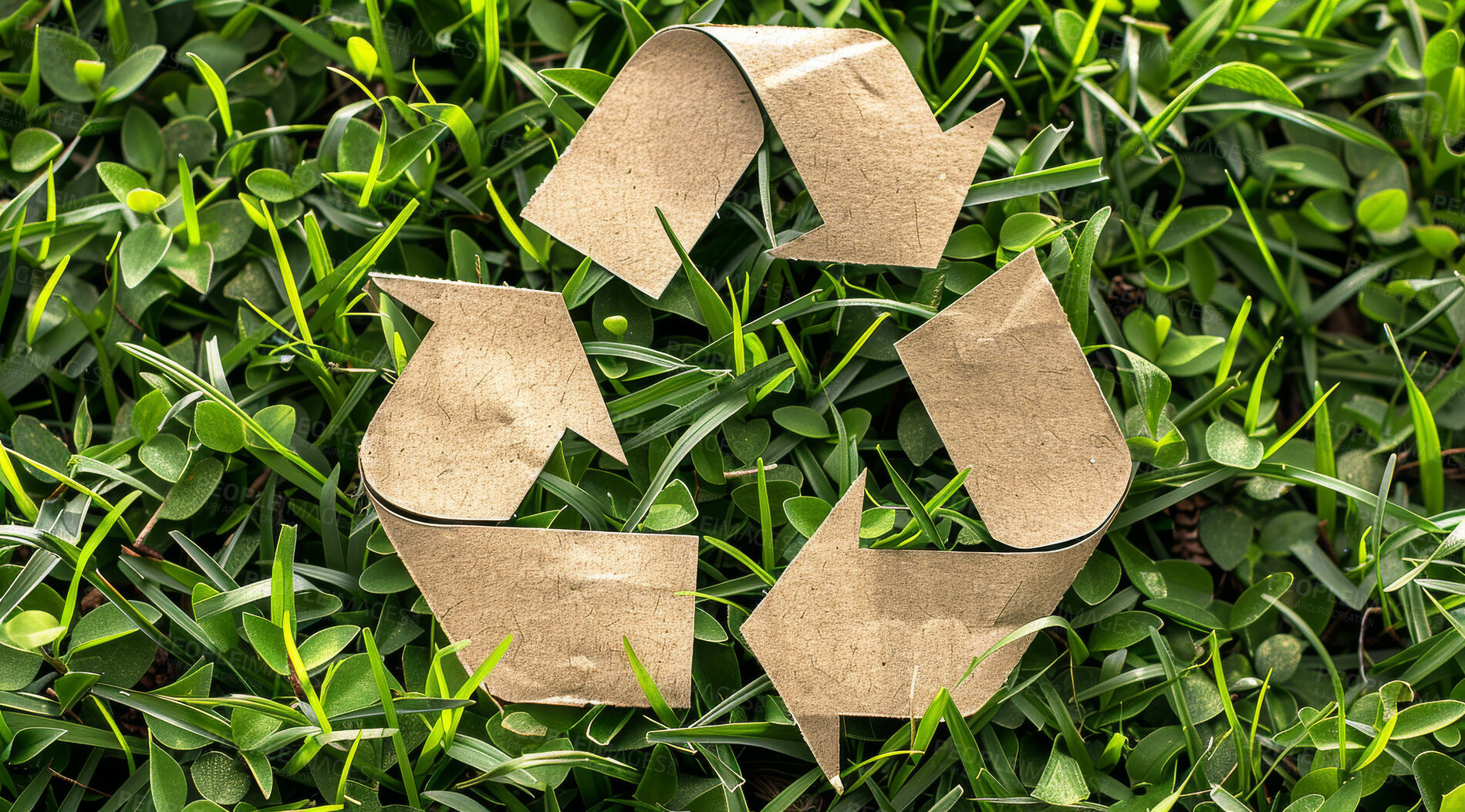 Buy stock photo Recycle, sign and cardboard on nature background for environmental, awareness and sustainability concept. Green grass, mockup and symbol with copyspace for Earth Day, eco system and ecology logo