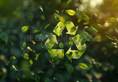 Recycle, sign and nature background or wallpaper for environmental, awareness and sustainability concept. Green, mockup and symbol on a nature backdrop for Earth Day, eco system and ecology logo