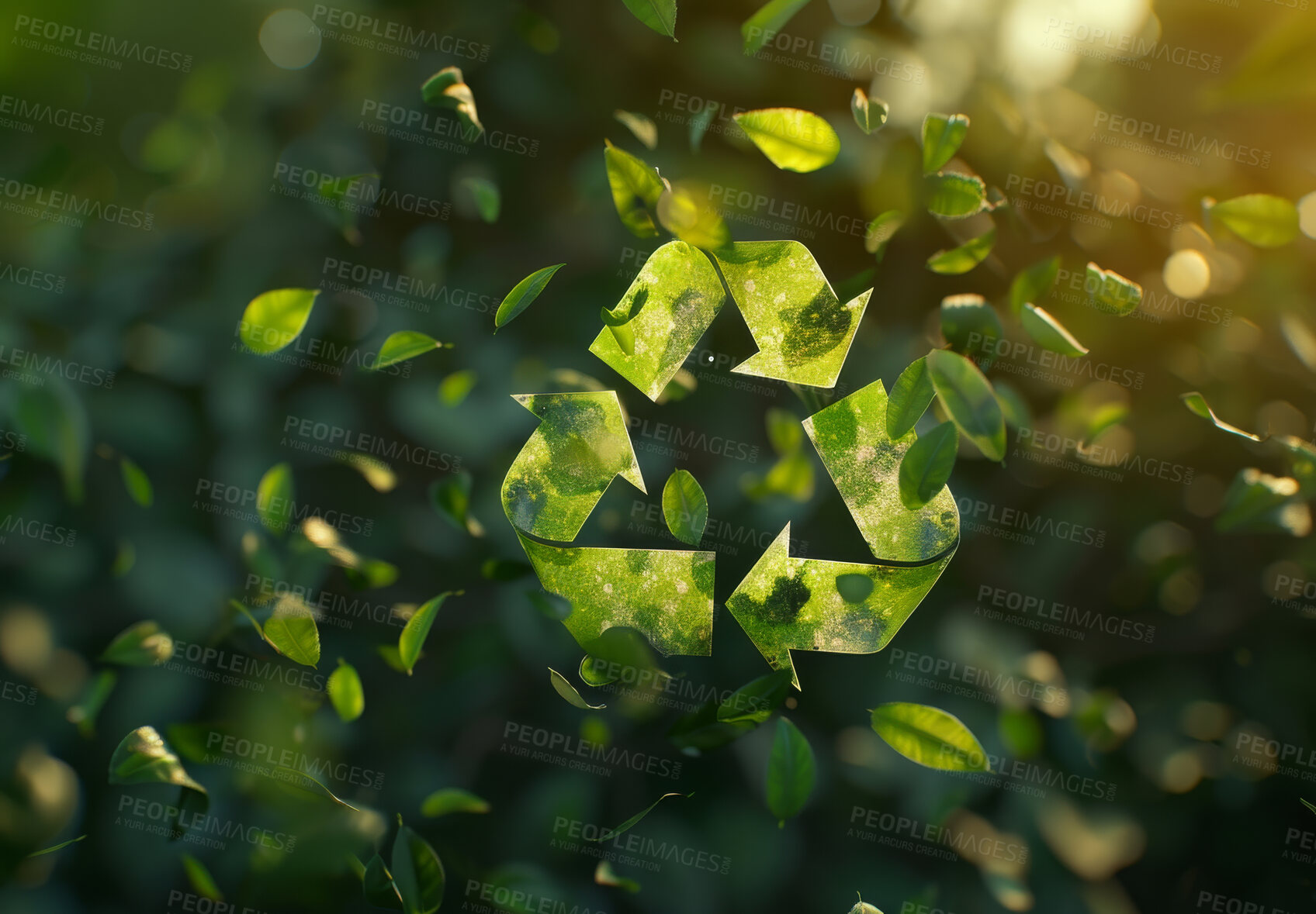 Buy stock photo Recycle, sign and nature background or wallpaper for environmental, awareness and sustainability concept. Green, mockup and symbol on a nature backdrop for Earth Day, eco system and ecology logo