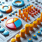 3d graphs, management and budget strategy or corporate, accounting and  Planning for company cost, sales and credit to save money. Financial data, graphs and charts to analyze numbers on background.