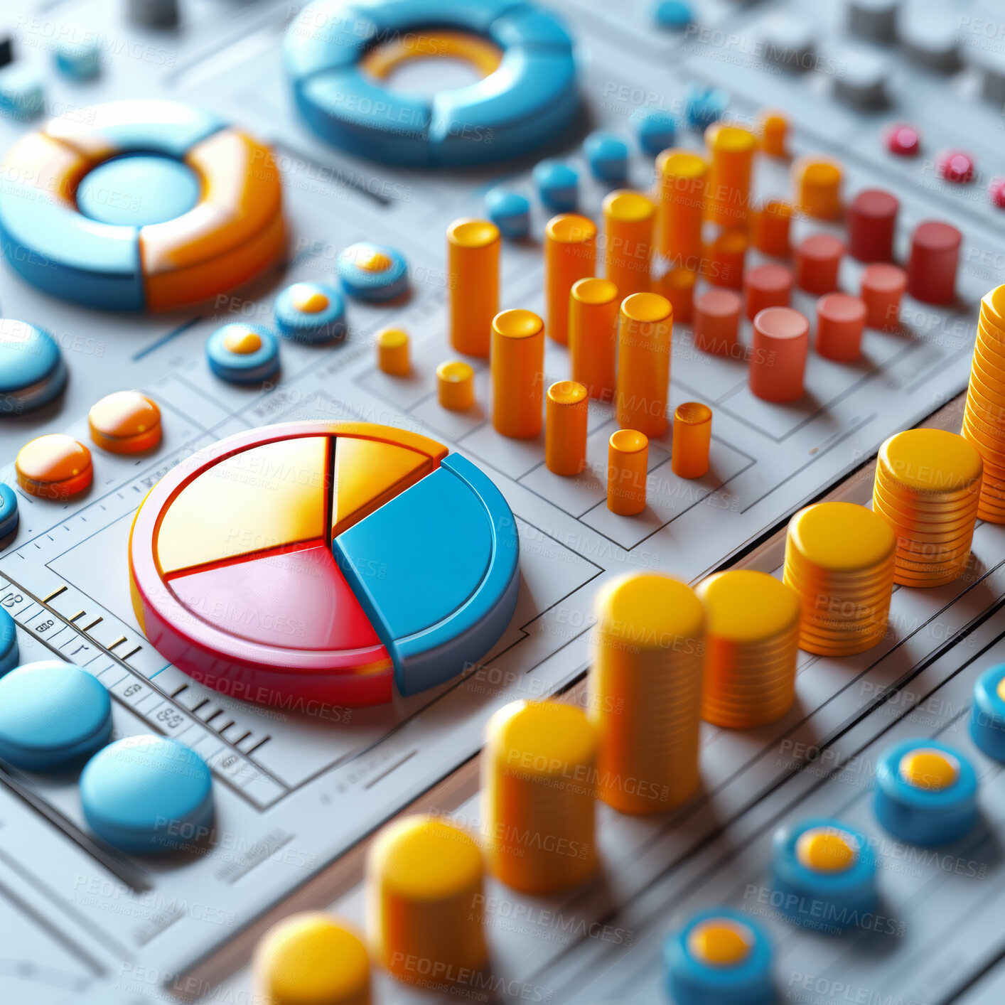 Buy stock photo 3d graphs, management and budget strategy or corporate, accounting and  Planning for company cost, sales and credit to save money. Financial data, graphs and charts to analyze numbers on background.